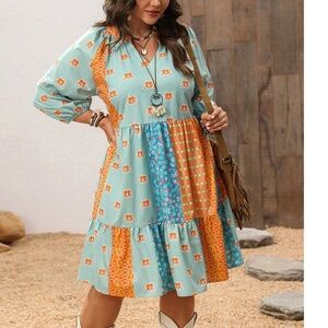 Plus Floral Print Color Block Ruffle Hem 3/4 sleeve dress